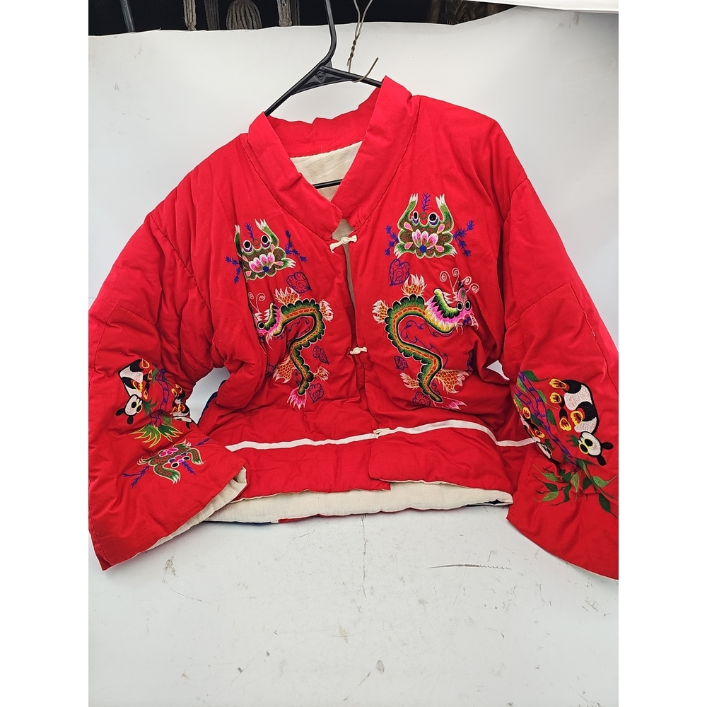 Vintage Red Quilted Silk-Like Jacket with Dragon and Panda Embroidery